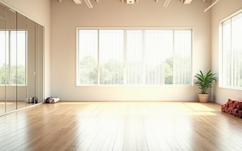 An empty, bright yoga studio ready for a class.
