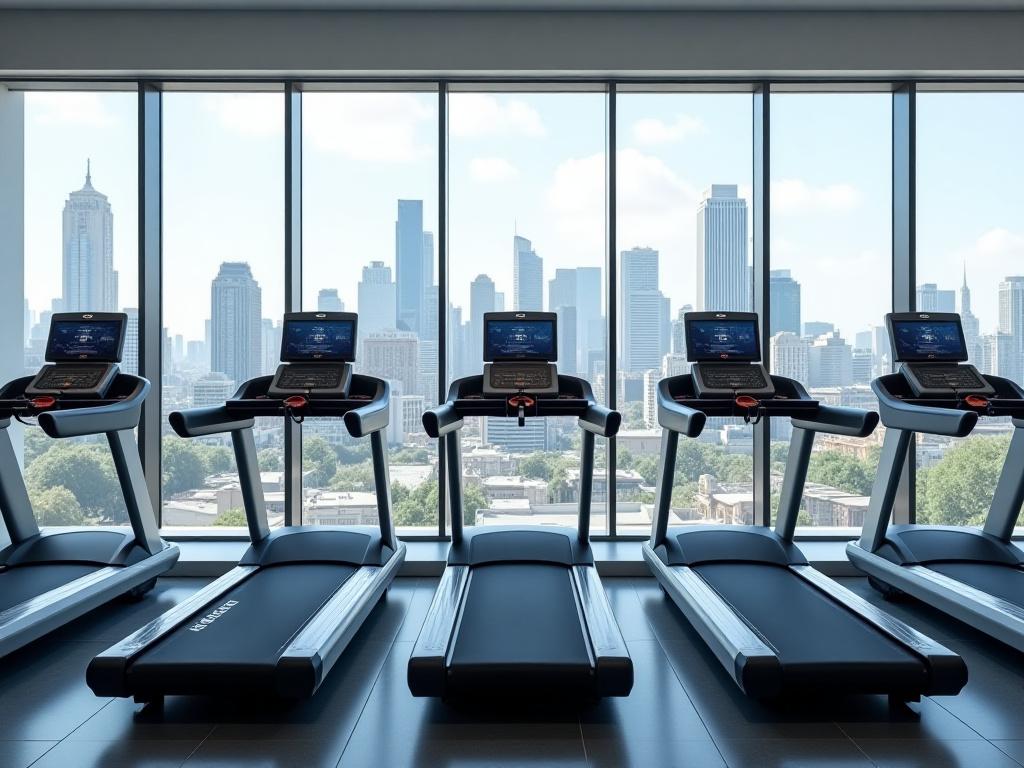 A row of modern treadmills overlooking the city.