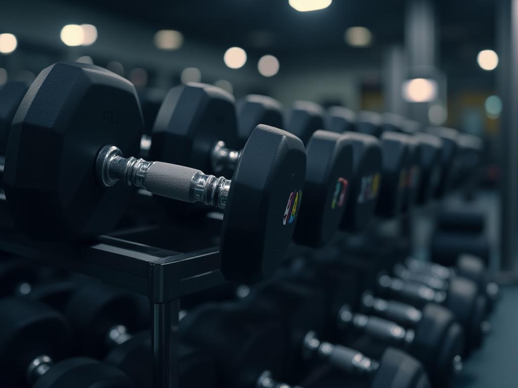 A close-up of a fully-stocked dumbbell rack.