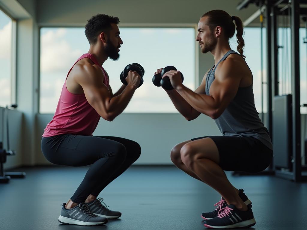 A personal trainer coaching a client on proper squat form.